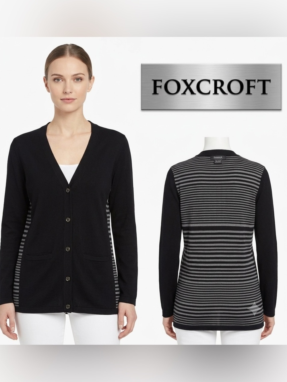 Foxcroft Elbow Patch Button Up Strip Back Cardigan Small